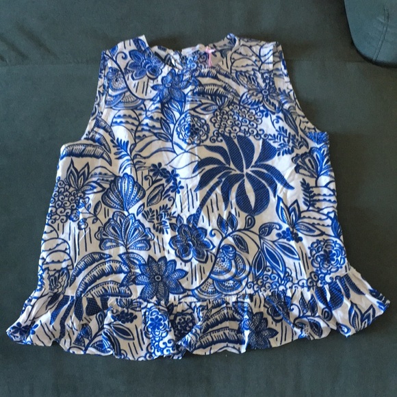 NWT Tuckernuck x Vineyard Vines collab blue & white block print ruffle tank L - Picture 3 of 12